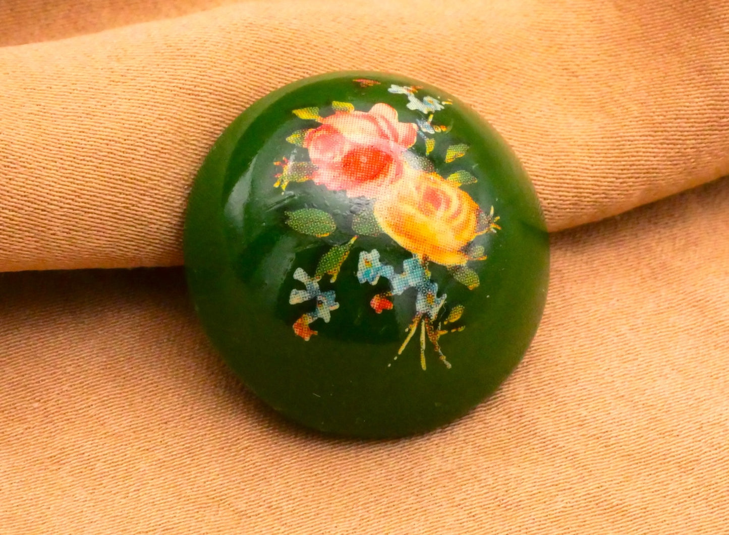 Dark Green Domed Plastic Pink Yellow Roses Button 24mm