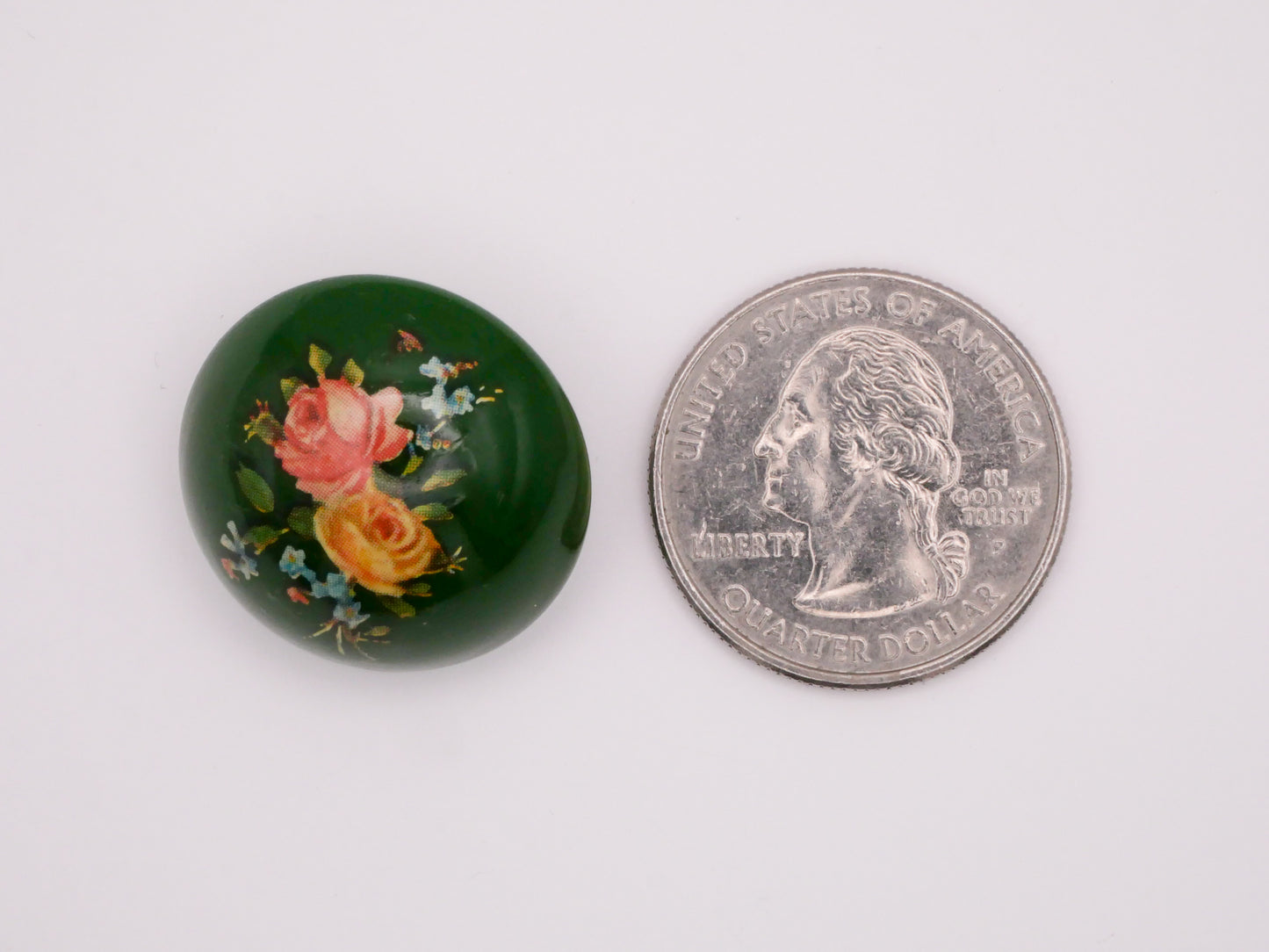 Dark Green Domed Plastic Pink Yellow Roses Button 24mm