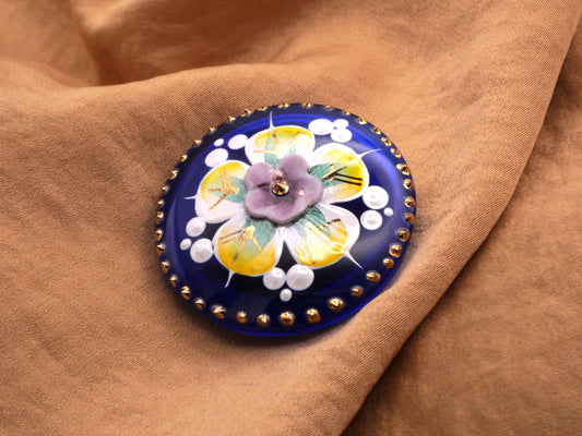 Hand-Painted Flower Blue Czech Glass Large Button 36mm