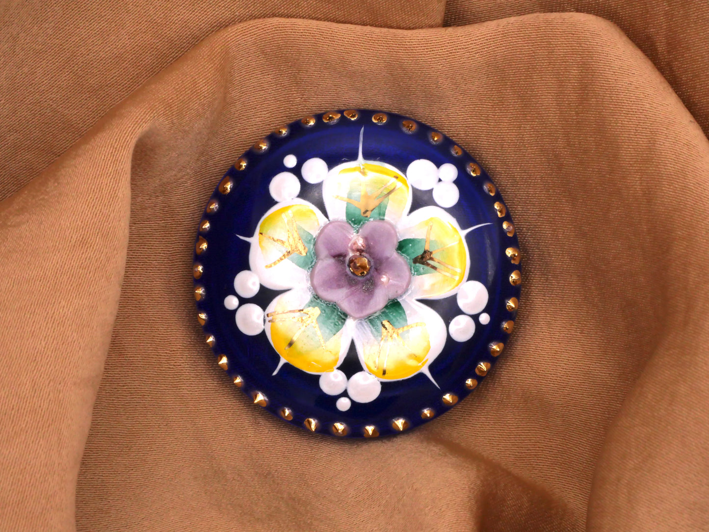 Hand-Painted Flower Blue Czech Glass Large Button 36mm