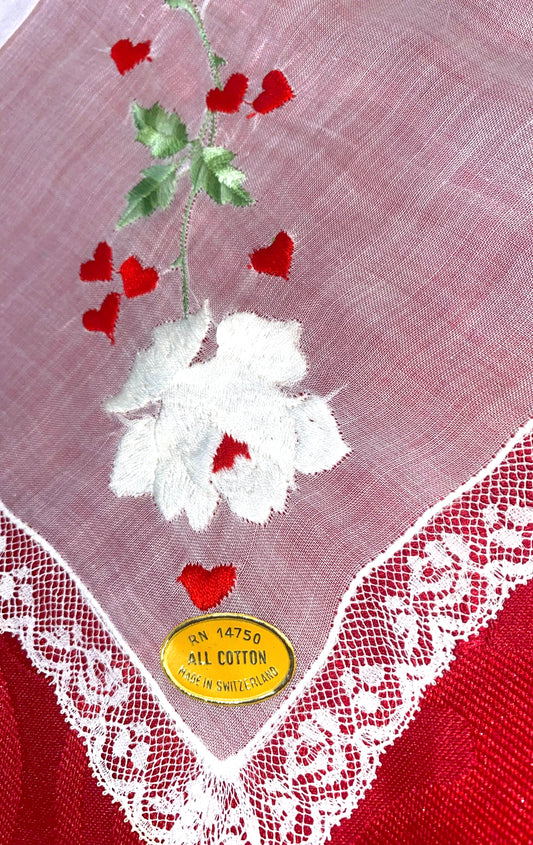 Hankie Embroidered White Rose Hearts Lace Edge Vintage Handkerchief