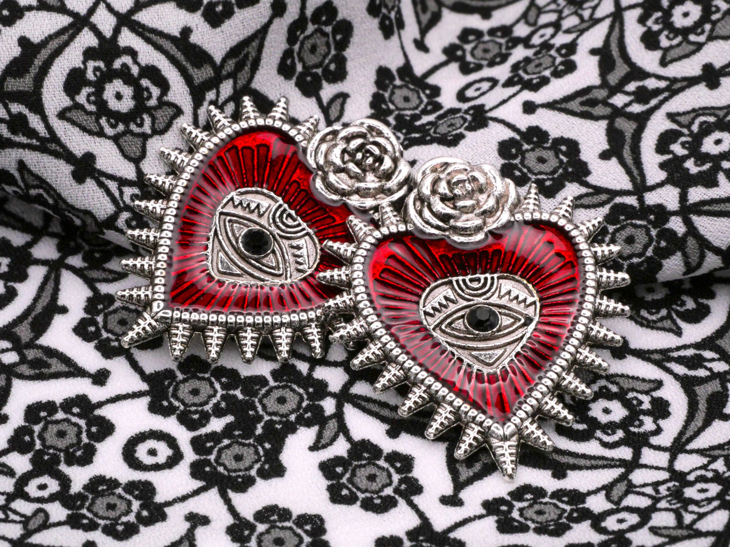 Mexican Inspired Heart Eye Rose Metal Red Resin Button 29x35mm