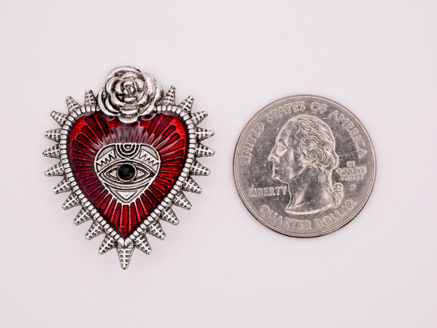 Mexican Inspired Heart Eye Rose Metal Red Resin Button 29x35mm