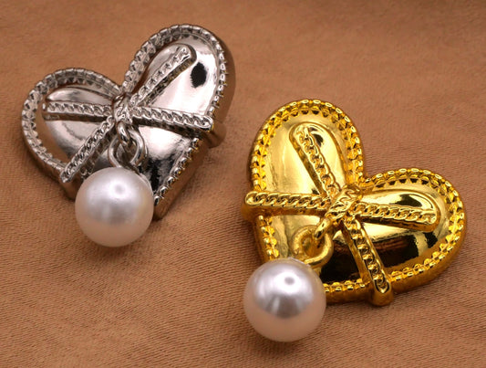 Silver Gold Heart with Bow and Dangling Pearl Button 23x24mm