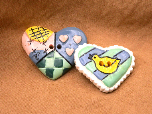 Heart Pastels Patchwork Chick Art Stone Hand-Painted Button Various 25-32mm