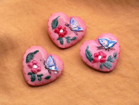 Czech Glass Pink Heart Butterfly Flower Button 21x23mm