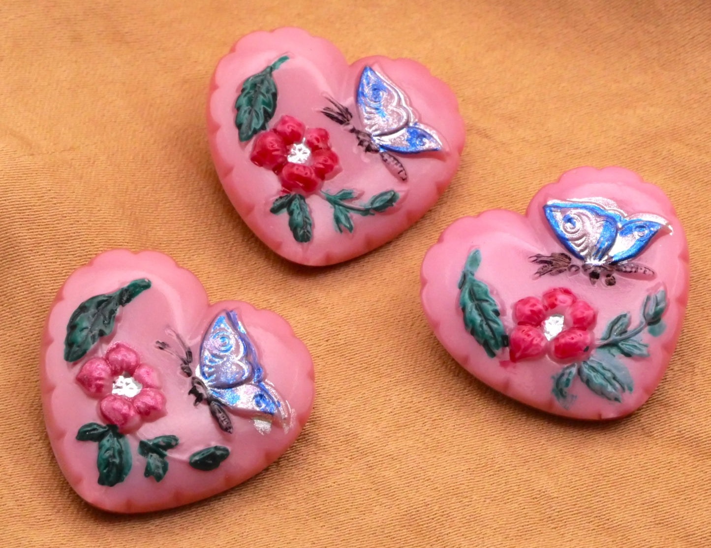Czech Glass Pink Heart Butterfly Flower Button 21x23mm