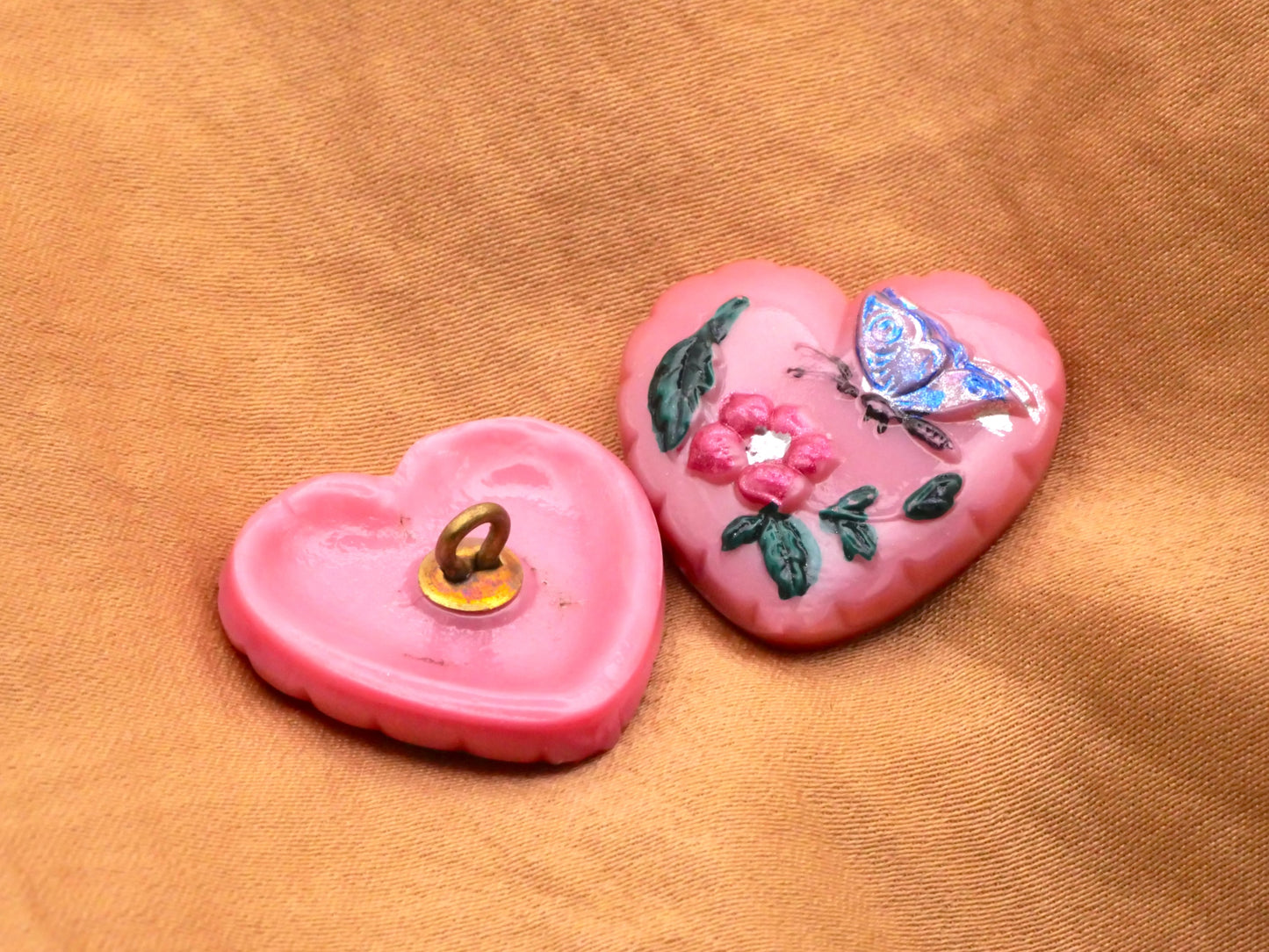 Czech Glass Pink Heart Butterfly Flower Button 21x23mm