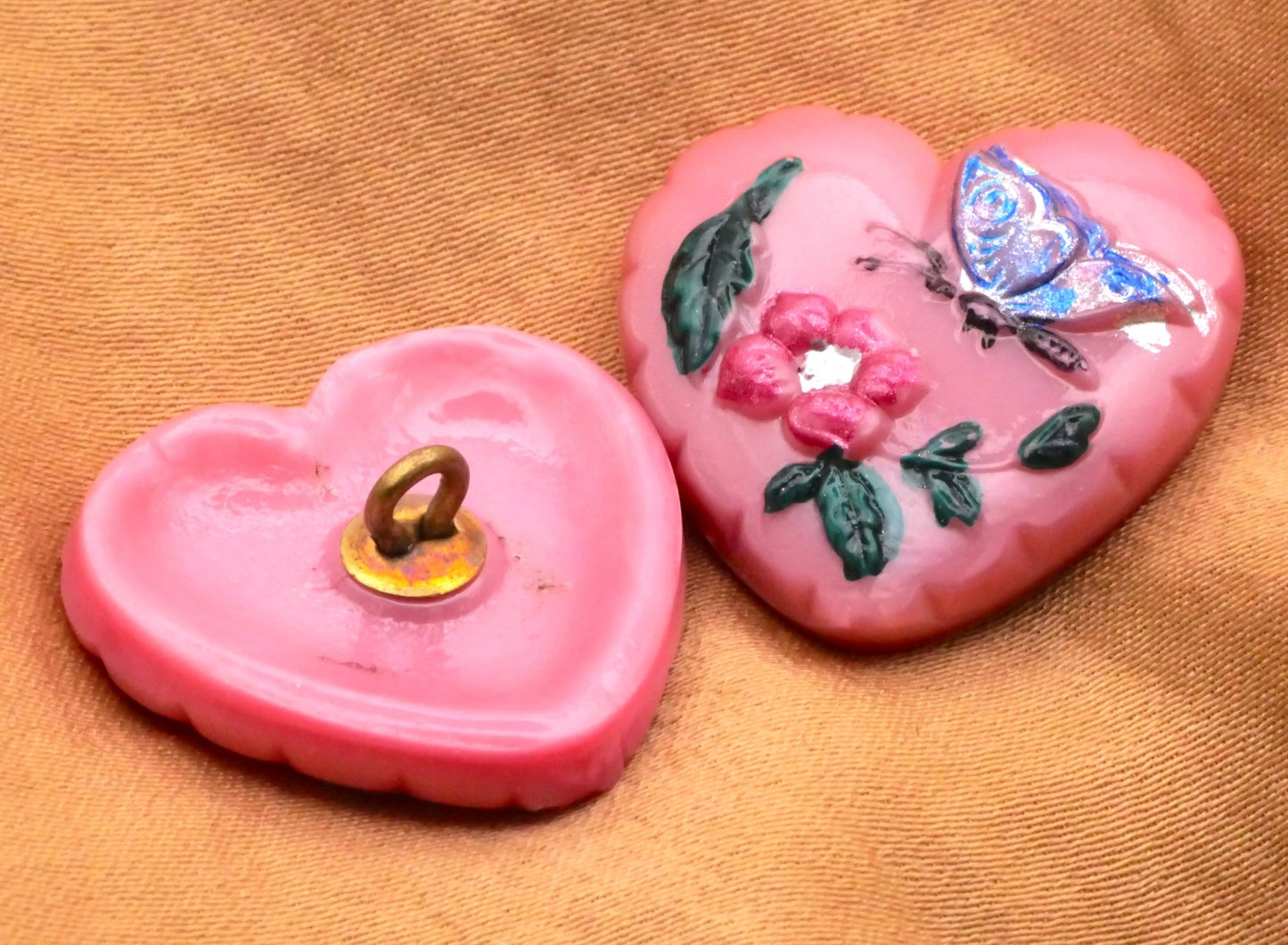 Czech Glass Pink Heart Butterfly Flower Button 21x23mm