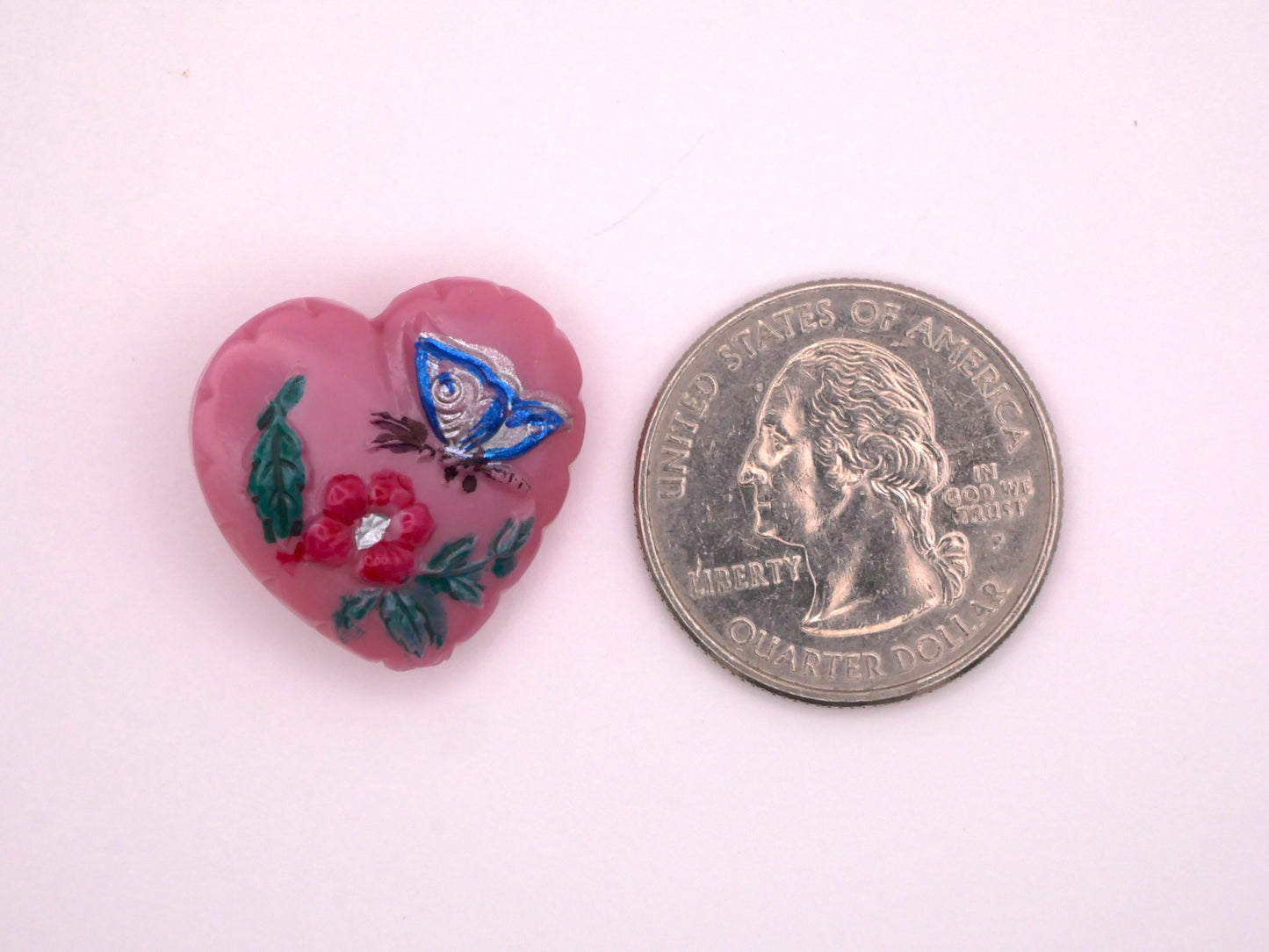 Czech Glass Pink Heart Butterfly Flower Button 21x23mm