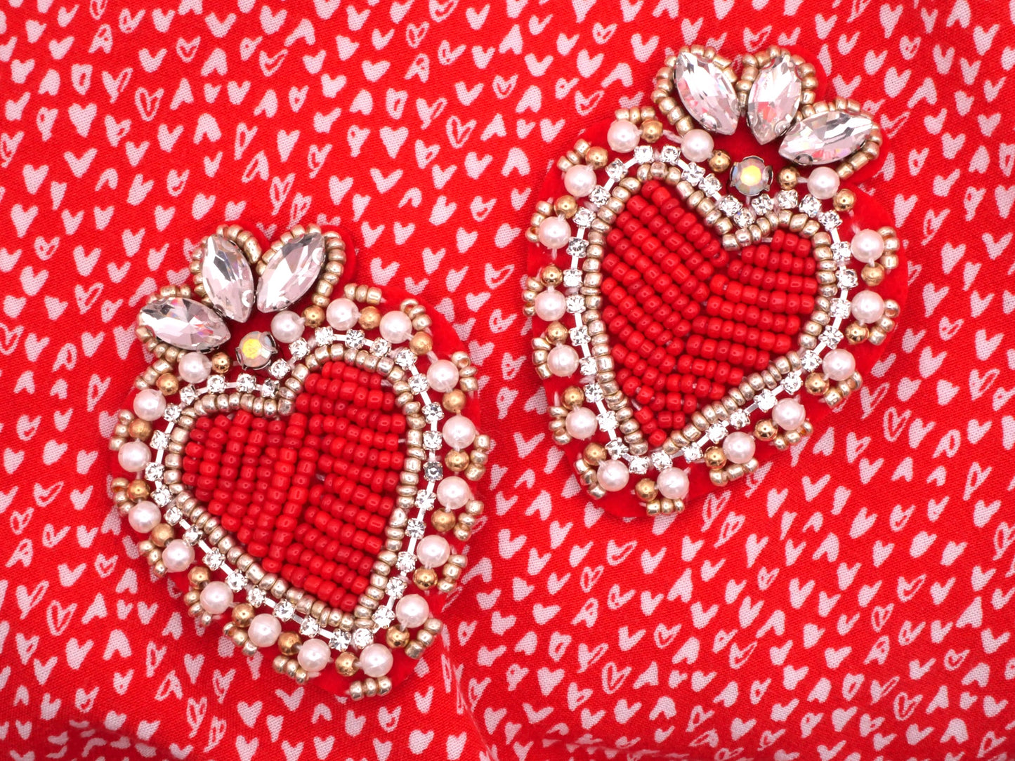 Beaded Heart Rhinestone Pearl Felt Patch 47x62mm