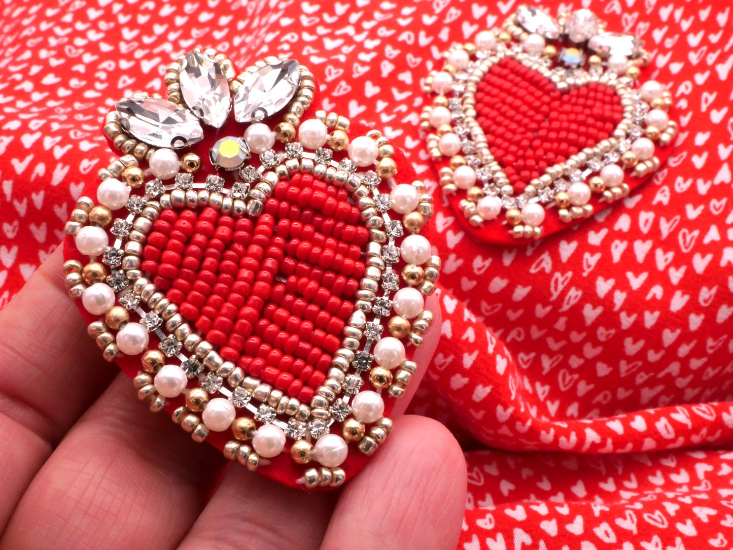 Beaded Heart Rhinestone Pearl Felt Patch 47x62mm