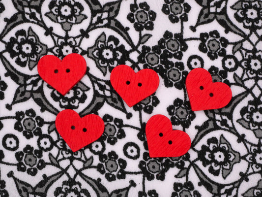 Wood Heart Sew-Thru Bright Red Set of Five Buttons 12x15mm