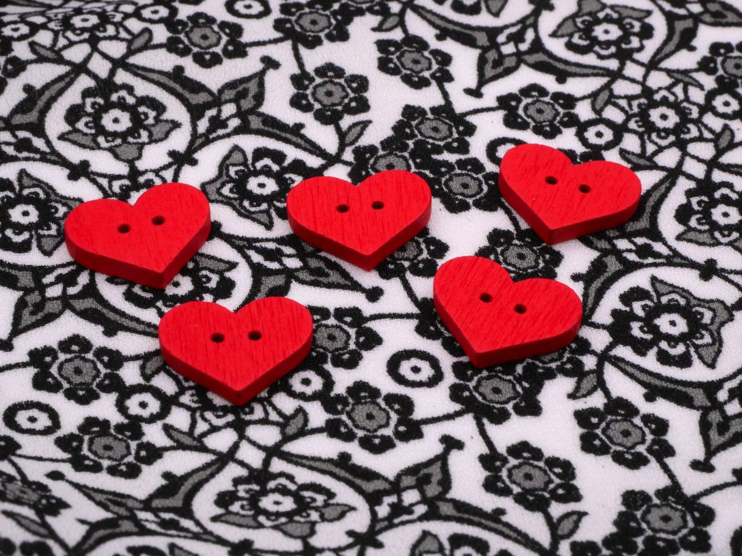 Wood Heart Sew-Thru Bright Red Set of Five Buttons 12x15mm