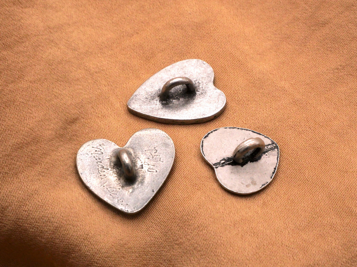 Metal Hearts Set of Three Assorted Buttons Danforth Pewter 14x21mm