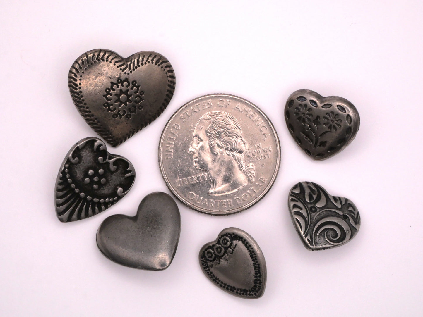 Metal Hearts Set of Three Assorted Buttons Danforth Pewter 14x21mm