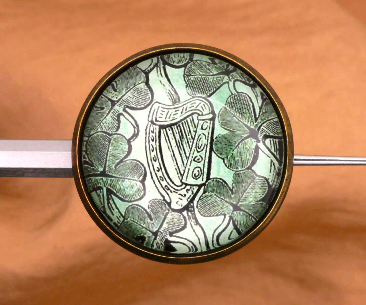 Irish Harp Shamrocks Clover Green Glass Dome Button 27mm