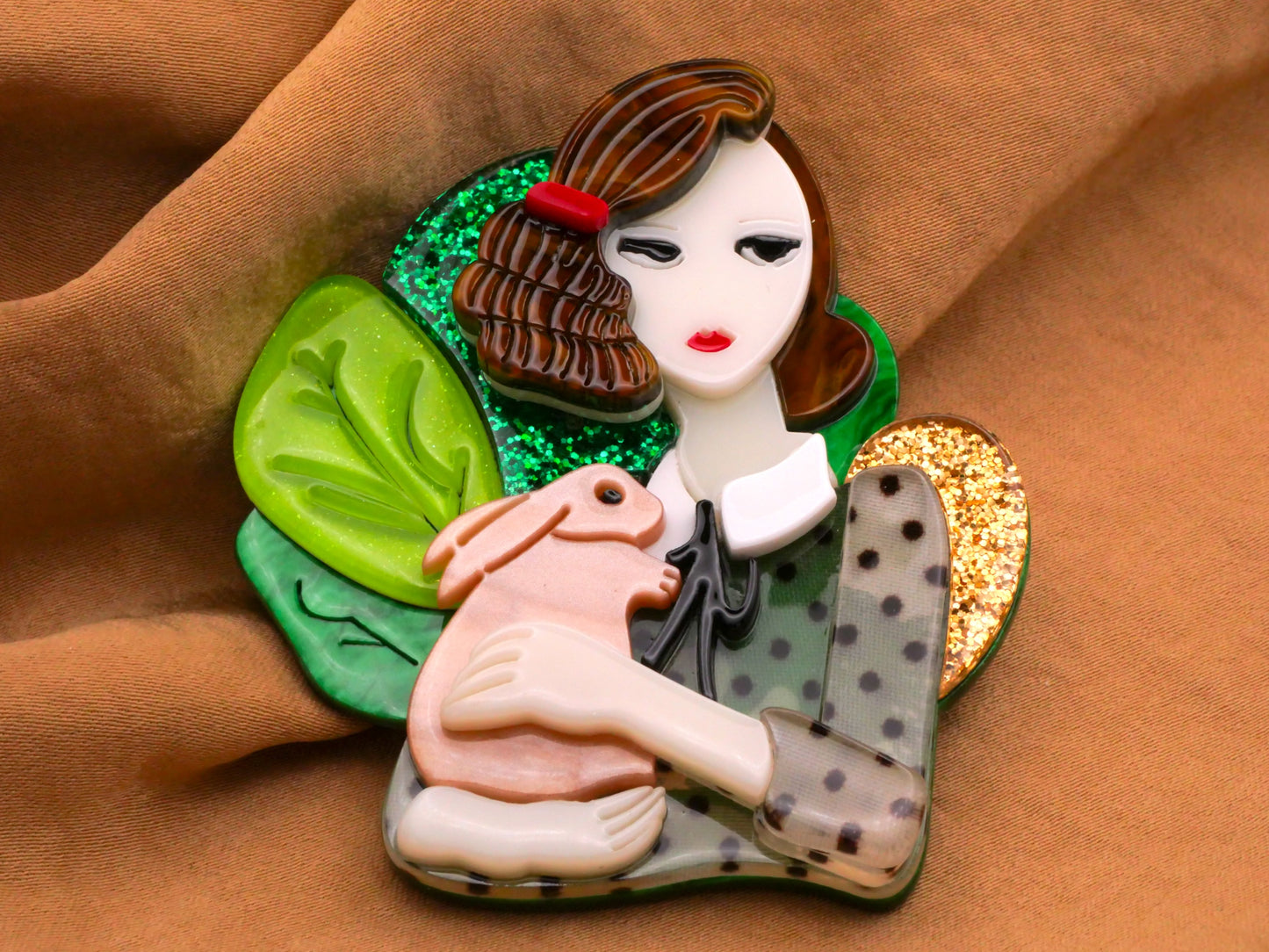 Lady with Bunny Rabbit Acrylic Extra-Large Button 55x61mm