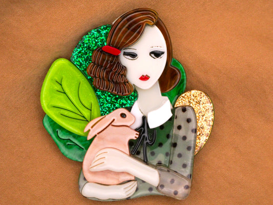 Lady with Bunny Rabbit Acrylic Extra-Large Button 55x61mm