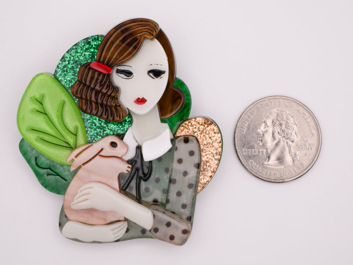 Lady with Bunny Rabbit Acrylic Extra-Large Button 55x61mm