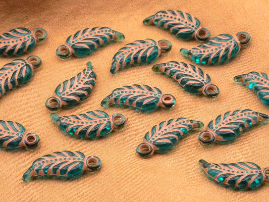 Leaf Charms Peacock Green Gold Set of Five Leaves 7x18mm