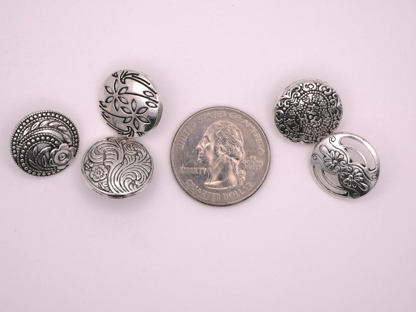 Metal Scrolls Flowers Cutout Designs Set of Five Buttons 17mm