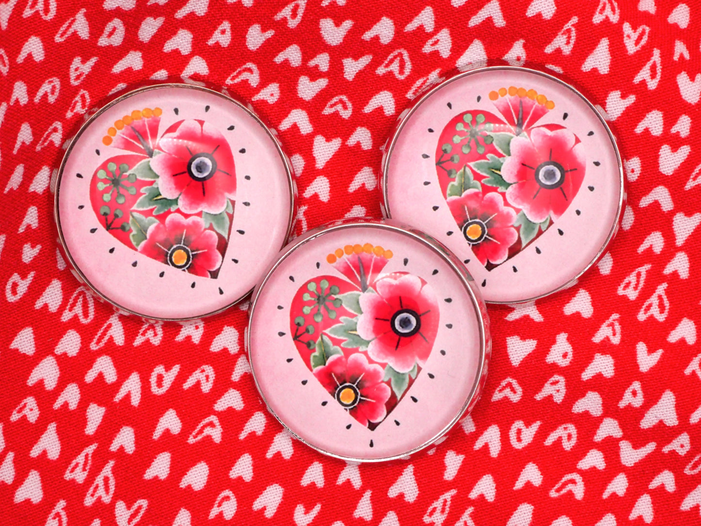 Mexican Inspired Heart Flowers Glass Dome Button 27mm