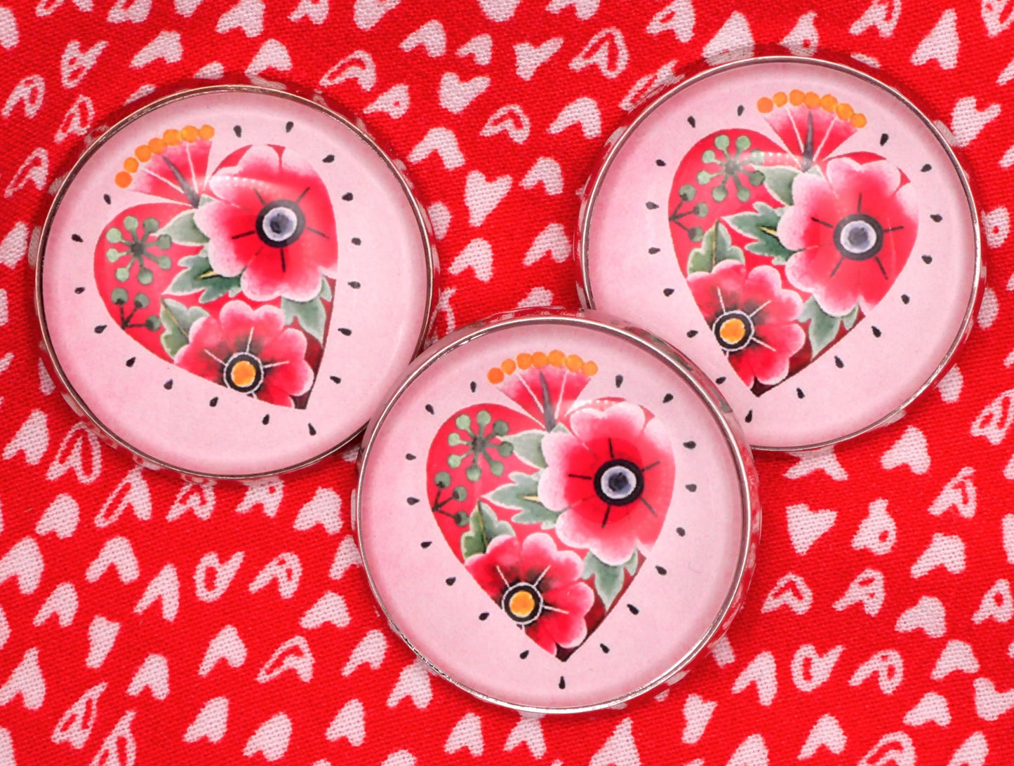 Mexican Inspired Heart Flowers Glass Dome Button 27mm