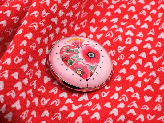 Mexican Inspired Heart Flowers Glass Dome Button 27mm