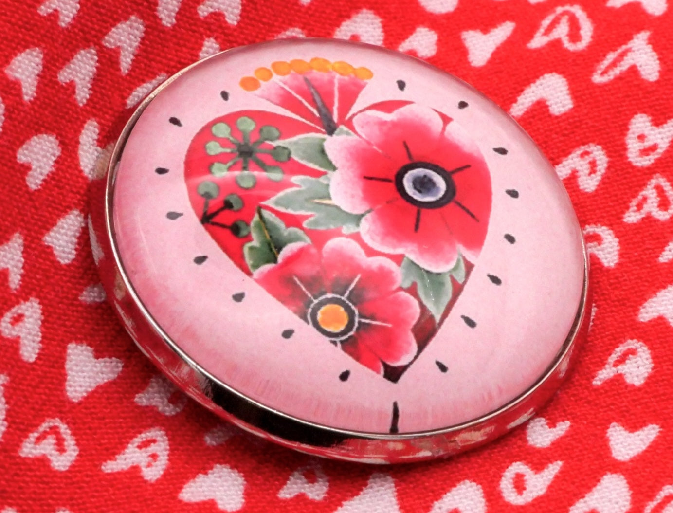 Mexican Inspired Heart Flowers Glass Dome Button 27mm