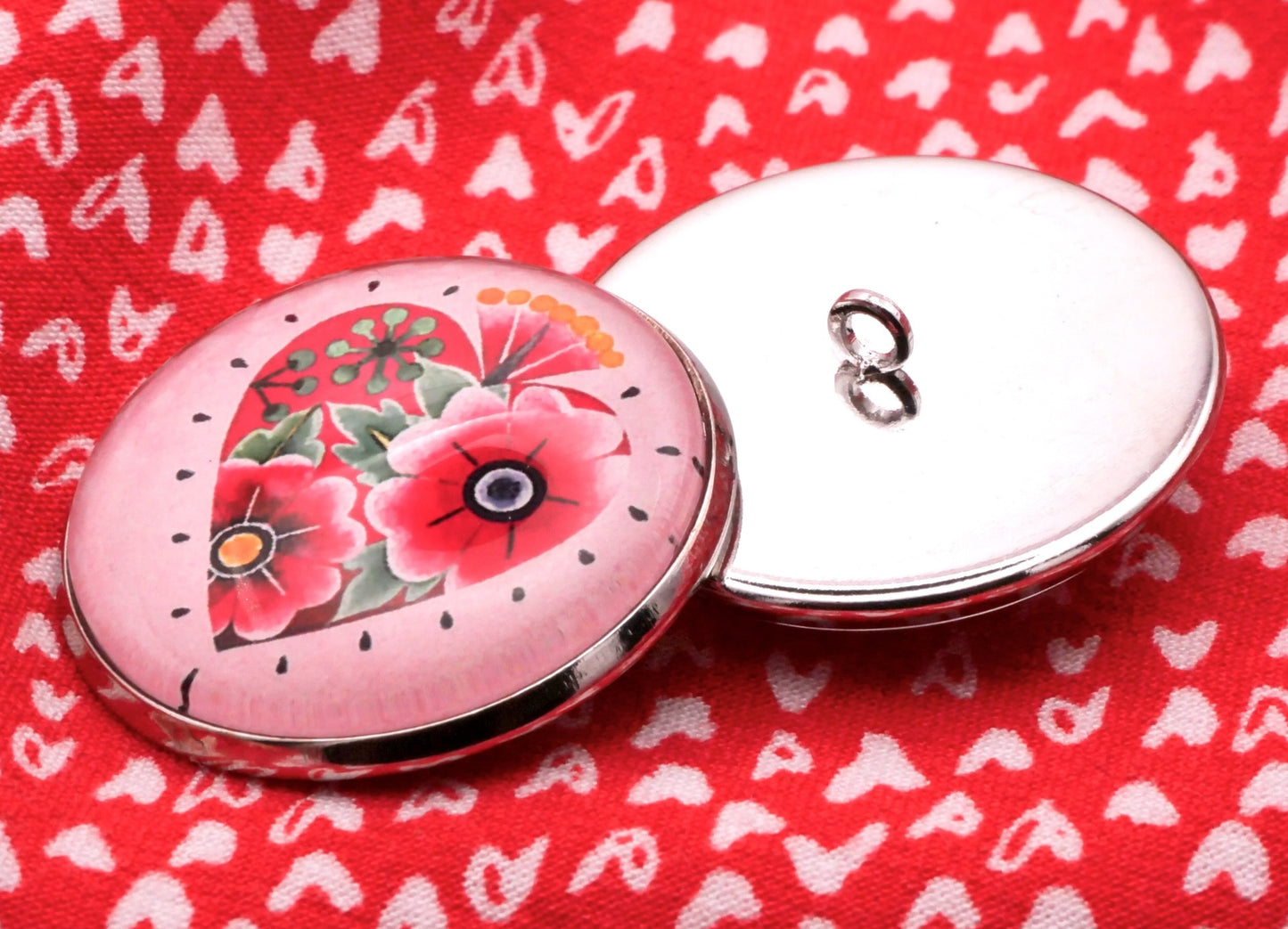 Mexican Inspired Heart Flowers Glass Dome Button 27mm
