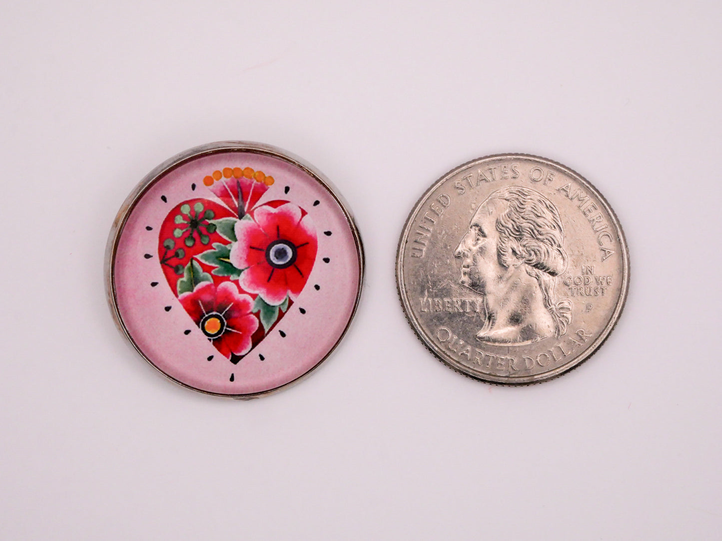 Mexican Inspired Heart Flowers Glass Dome Button 27mm