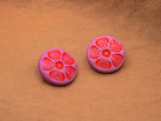 Fuchsia Orange Stamped Flower Plastic Buttons Pair 15mm