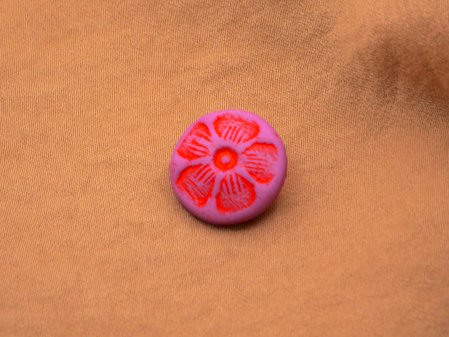 Fuchsia Orange Stamped Flower Plastic Buttons Pair 15mm