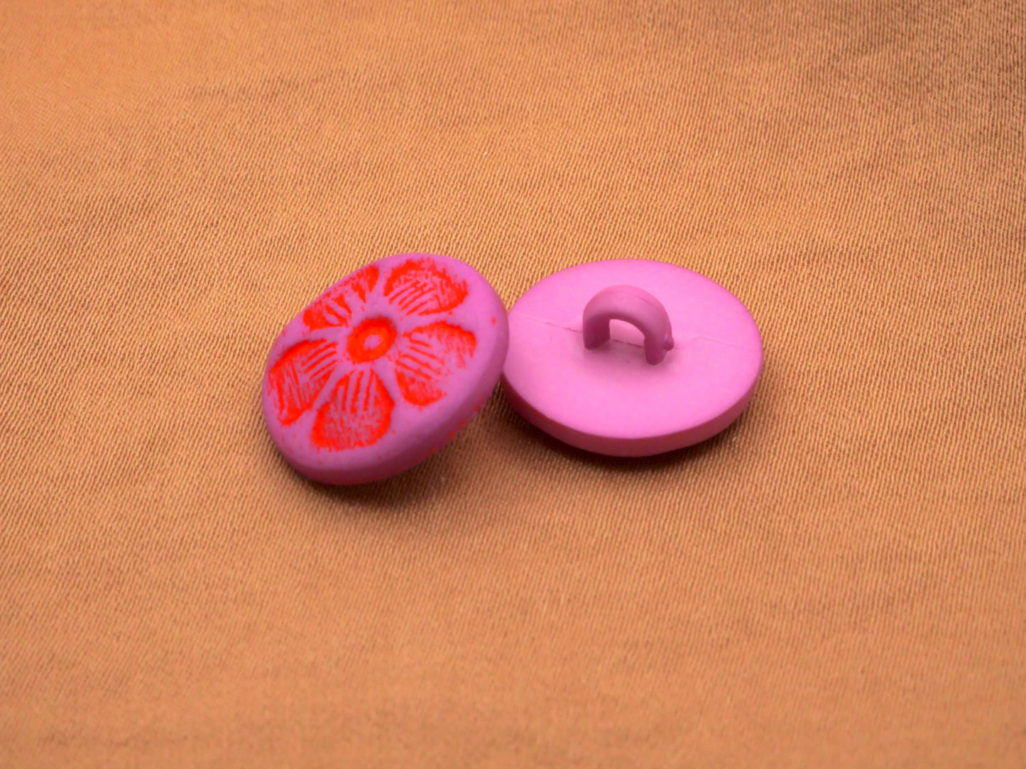 Fuchsia Orange Stamped Flower Plastic Buttons Pair 15mm