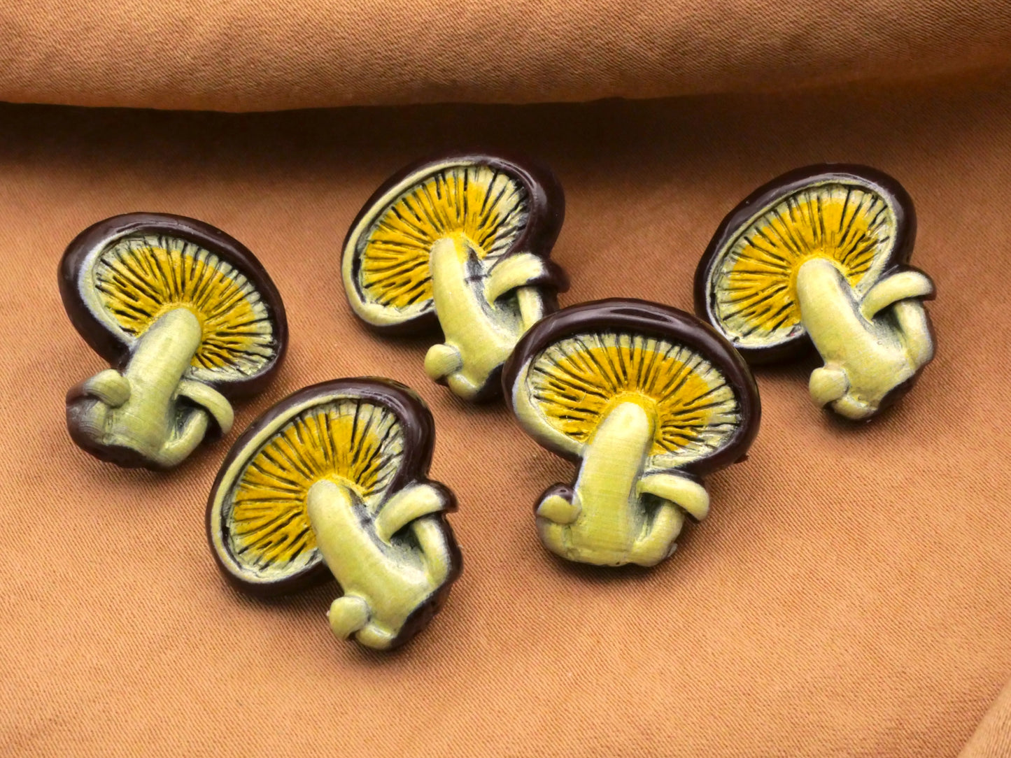 Mushroom Earthy Brown Yellow Kitschy Pair of Buttons 19x20mm