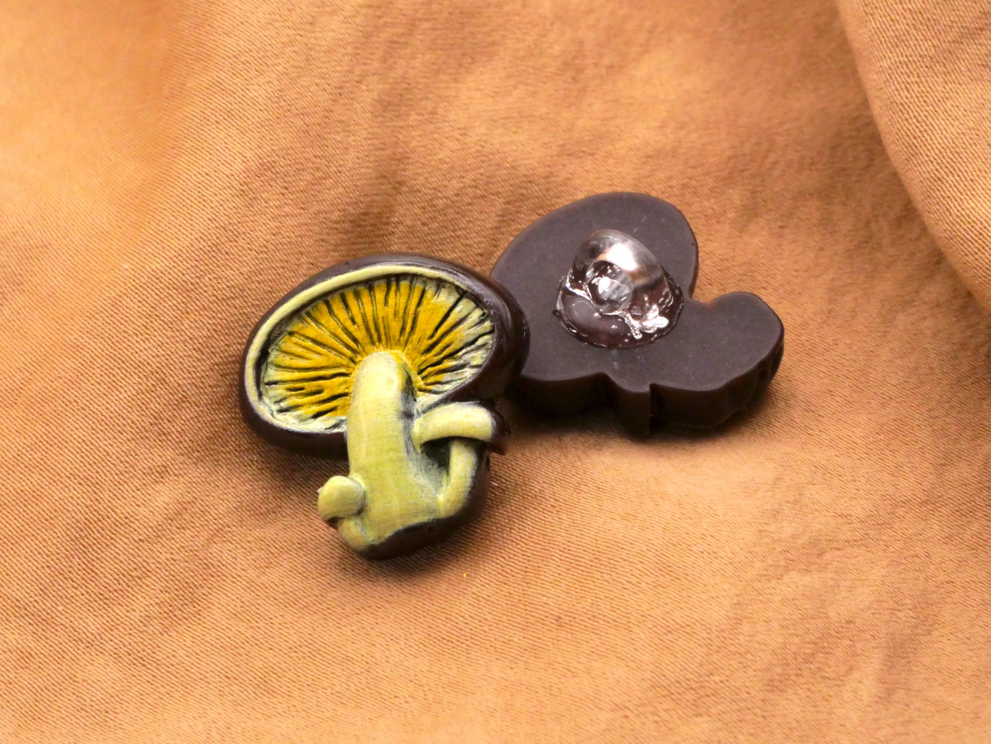 Mushroom Earthy Brown Yellow Kitschy Pair of Buttons 19x20mm