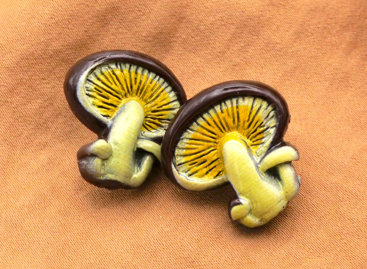 Mushroom Earthy Brown Yellow Kitschy Pair of Buttons 19x20mm