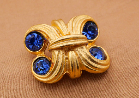 Scroll Filigree Sapphire Blue Rhinestone Gold Brass Metal Vintage Button 24x29mm