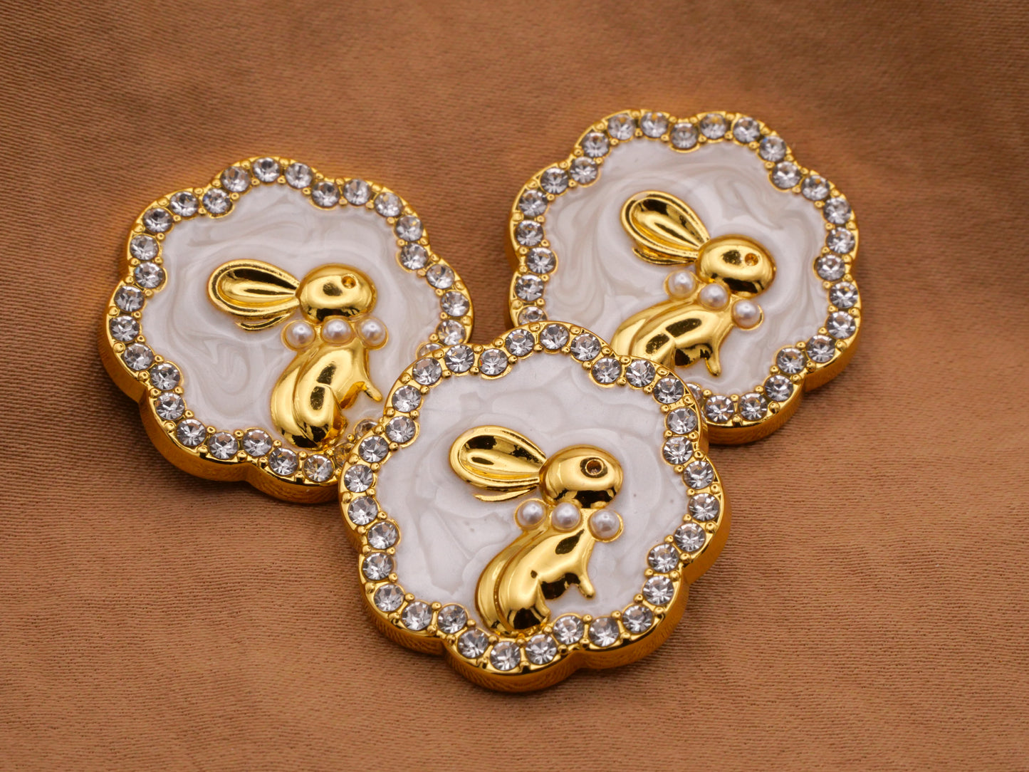 Bunny Rabbit Pearlized Enamel Gold Rhinestone Edge Button 25mm