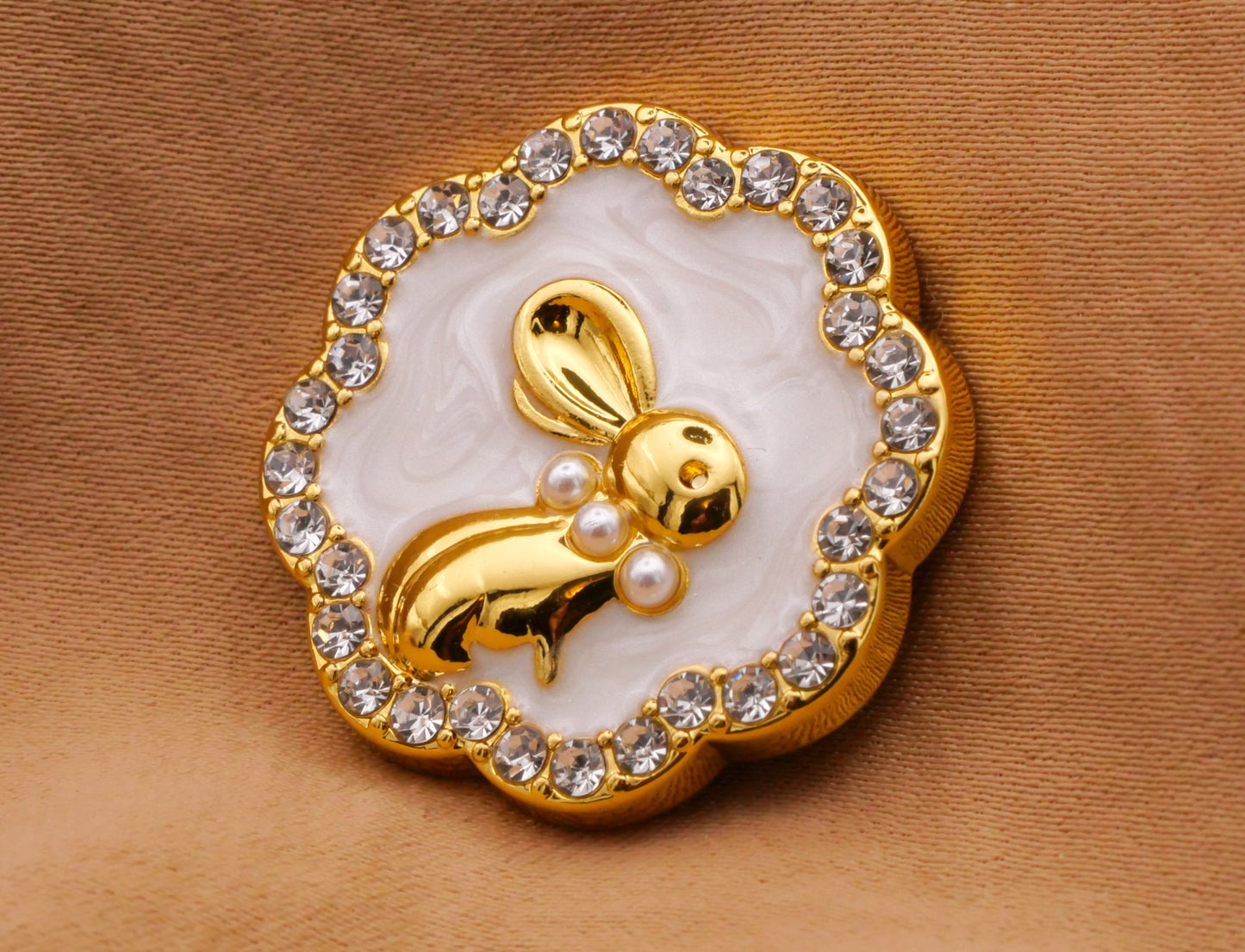 Bunny Rabbit Pearlized Enamel Gold Rhinestone Edge Button 25mm