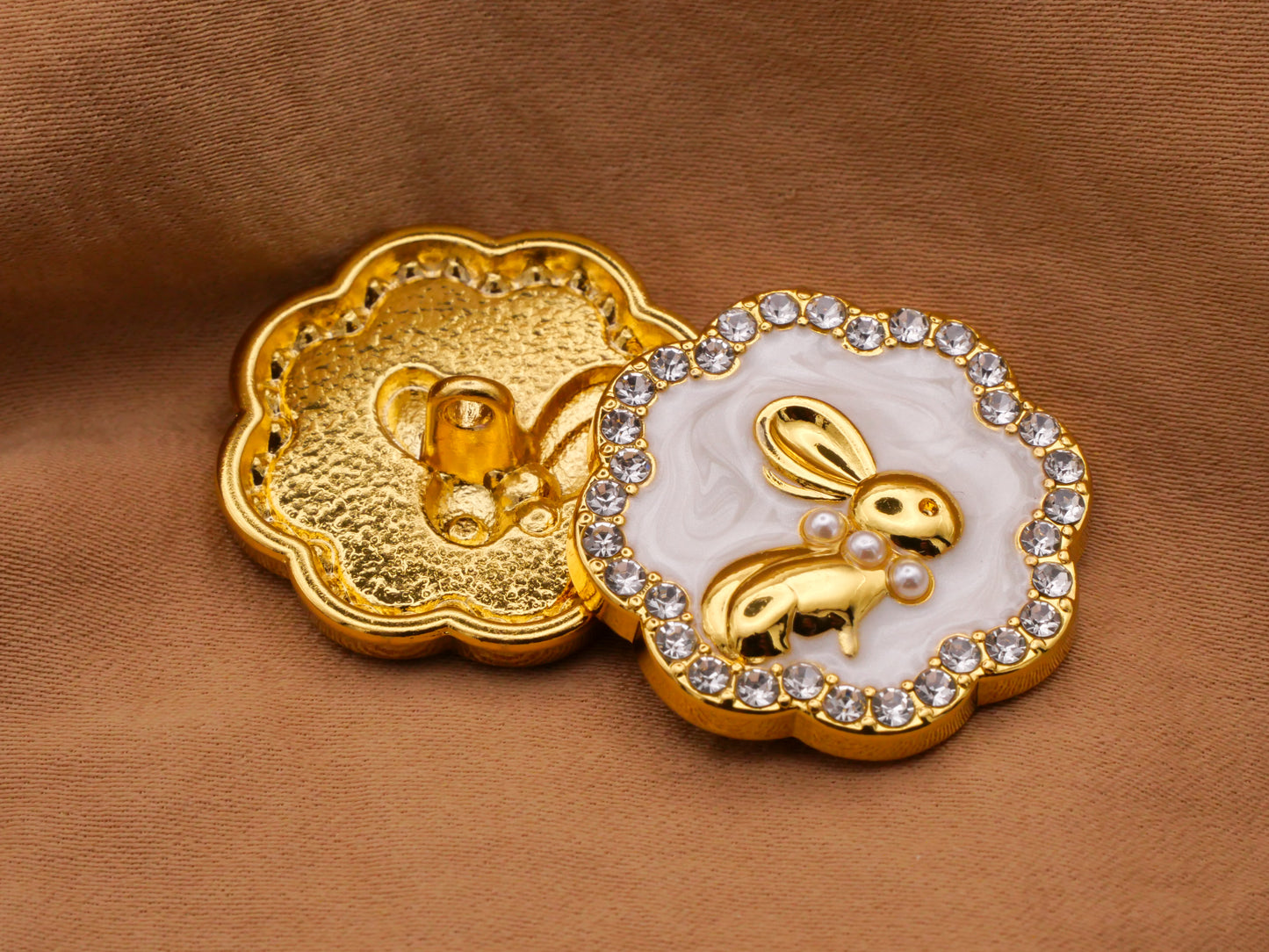 Bunny Rabbit Pearlized Enamel Gold Rhinestone Edge Button 25mm