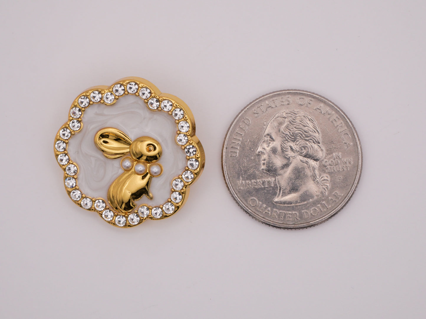 Bunny Rabbit Pearlized Enamel Gold Rhinestone Edge Button 25mm