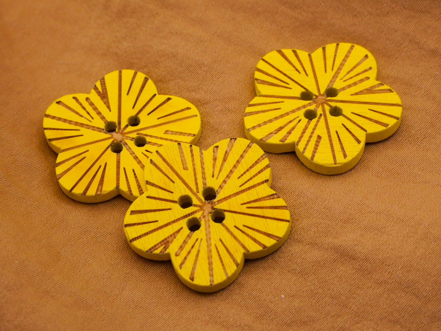 Yellow Flower Carved Wood Set of Three Buttons 24mm