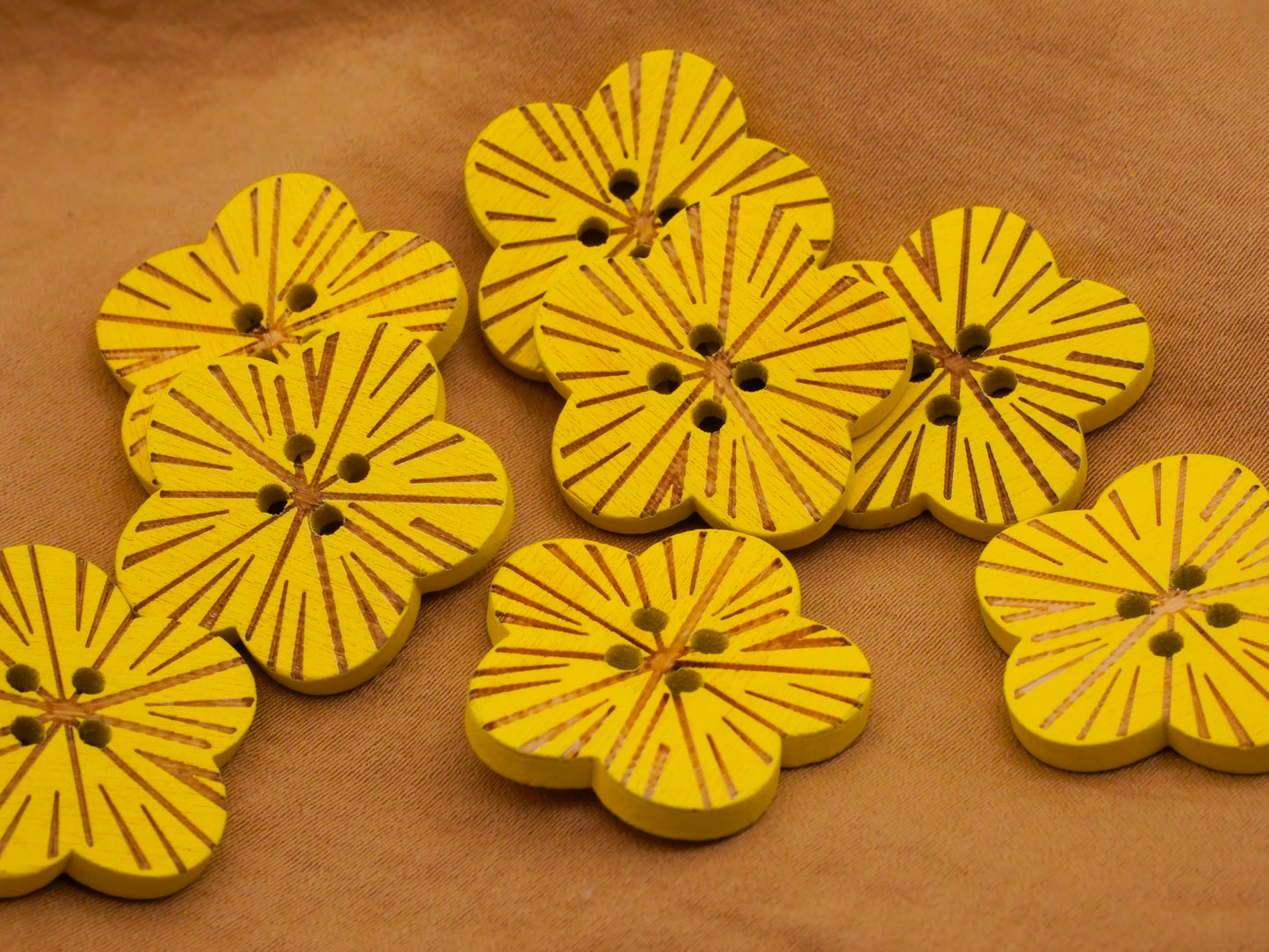 Yellow Flower Carved Wood Set of Three Buttons 24mm