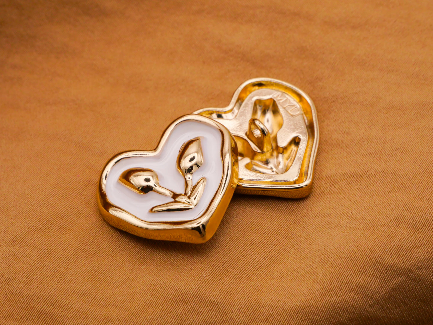 Heart Tulips Soft Gold Metal White Enamel Button 23mm