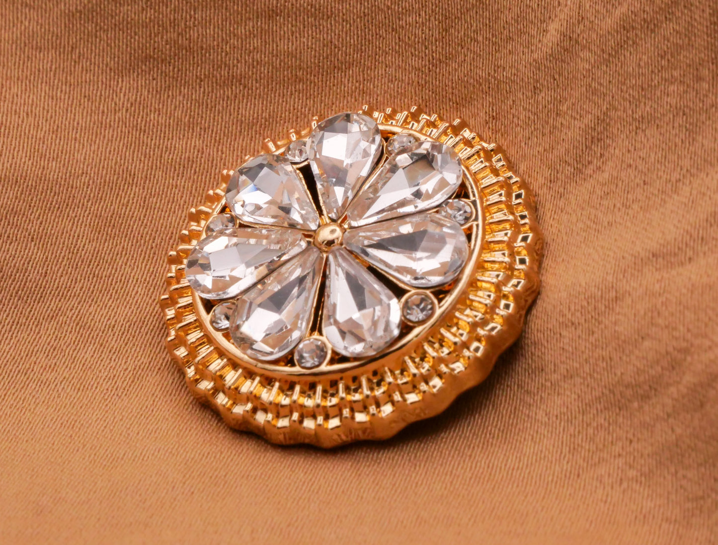 Rhinestone Flower Circle Glass Gold Metal Button 25mm