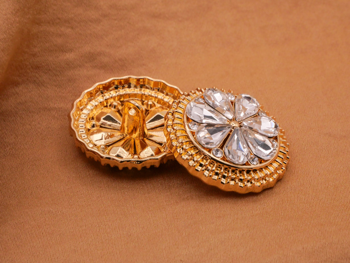 Rhinestone Flower Circle Glass Gold Metal Button 25mm