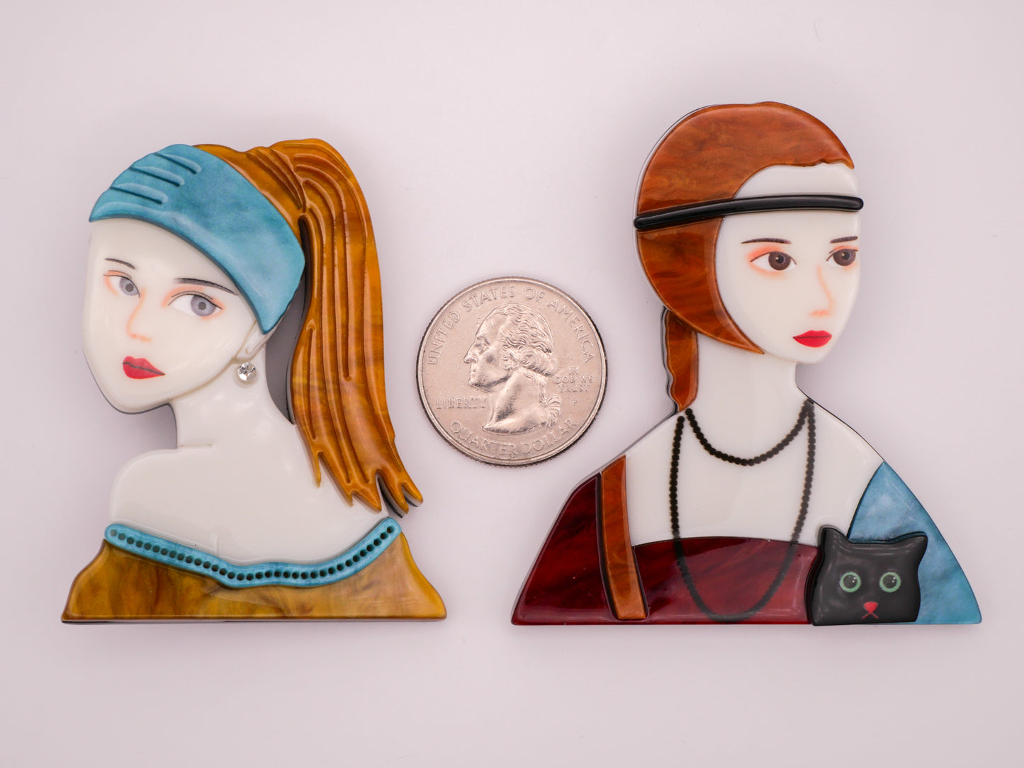 Painted Ladies Pearl Earring Lady With Ermine Cat Art Inspired Acrylic Extra-Large Button Various 47-63mm