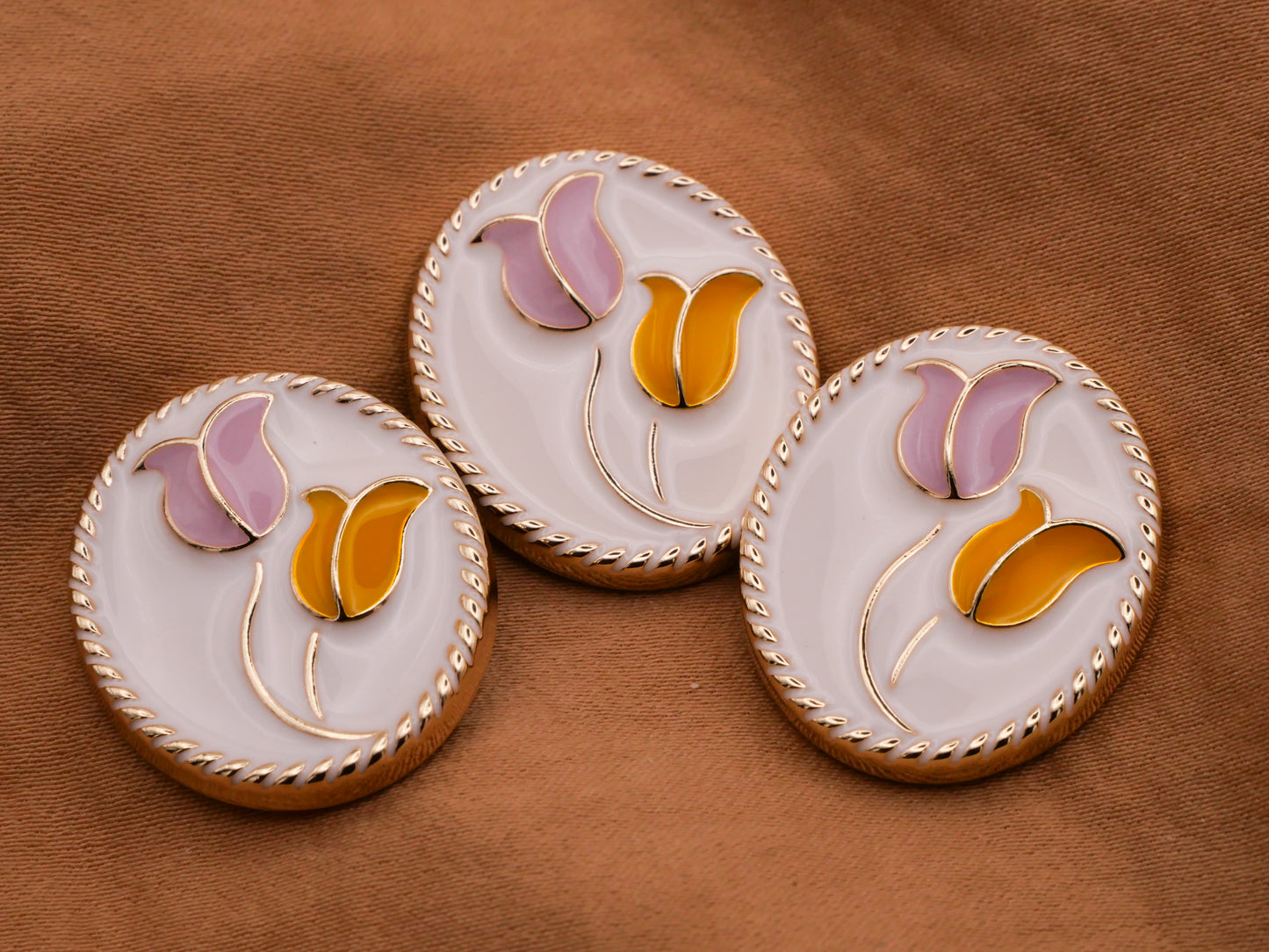 Tulip Pink Orange White Enamel Gold Metal Button 21x25mm